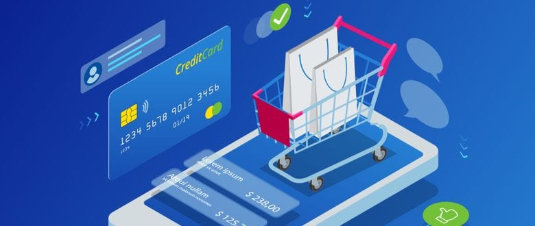 Illustration of phone showing shopify features like credit card payment and shopping cart management