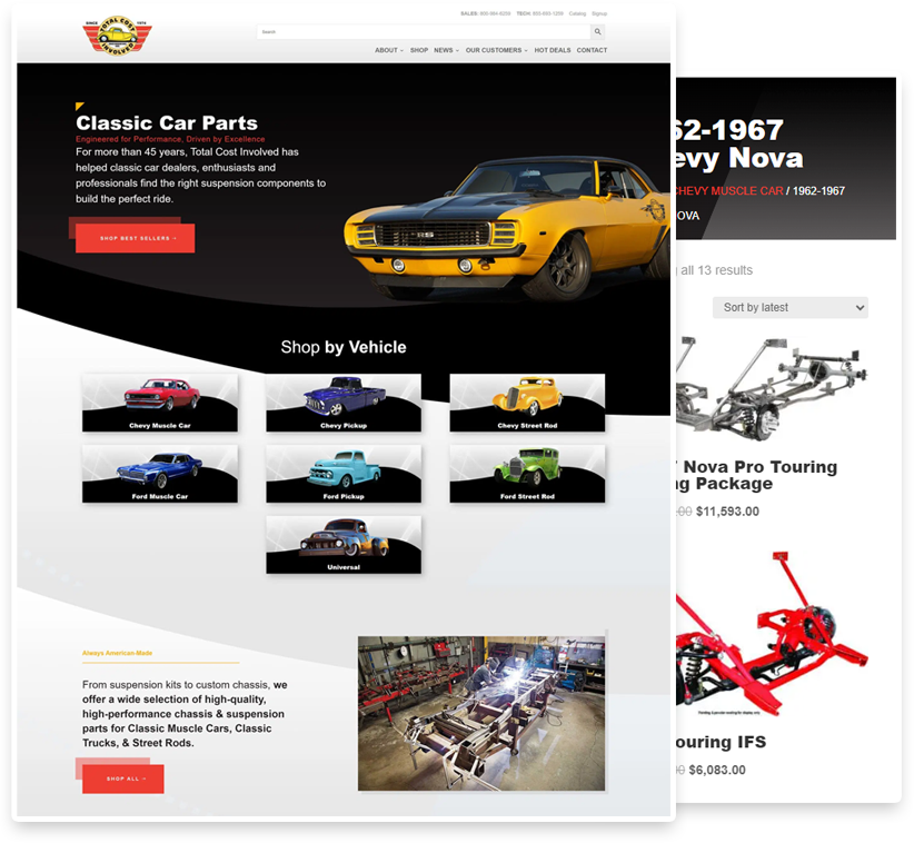 Screenshot of an ecommerce website offering classic car parts with a feature to shop by vehicle type, displaying categories such as Chevy Muscle Car and Ford Pickup, alongside an example of the all products shop page showing a 201862-1967 Chevy Nova Pro Touring Total Cost Involved Engineering Package priced at $11,593.00