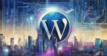 Vector graphic of WordPress logo sitting above a computerized, futuristic city
